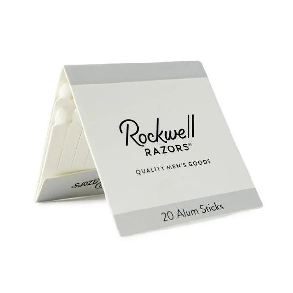 A white package labeled “Rockwell Razors” contains 20 Alum Matchsticks, ideal for soothing shaving nicks and caring for your skin after each shave.