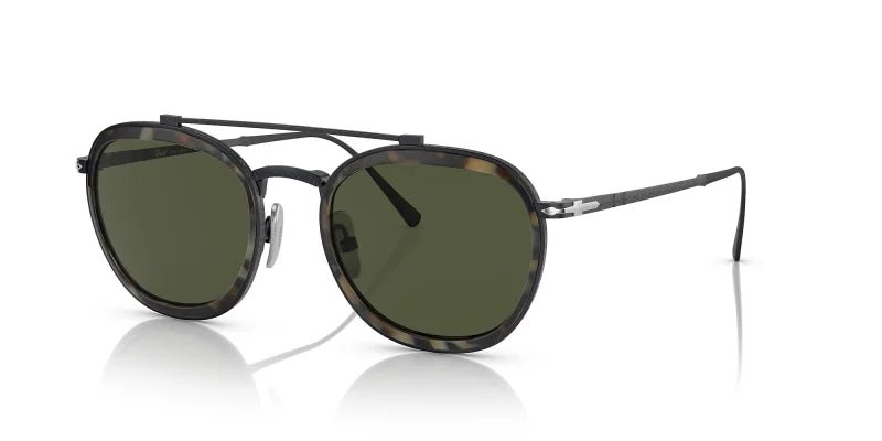 Persol 0PO5008ST sunglasses feature an oval shape, green lenses, a tortoiseshell-pattern frame, thin black metal temples with silver hinge detail, and a subtle double bridge.