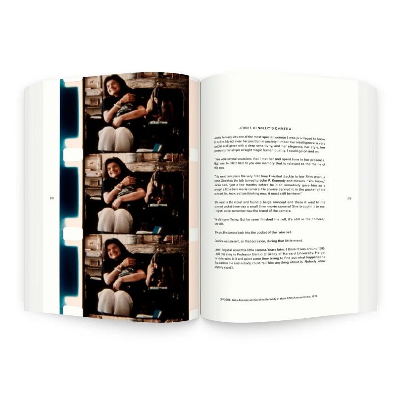 An open book, "A Dance with Fred Astaire" by Anthology Editions, shows a filmstrip of a smiling woman on the left page and a block of text titled “John F. Kennedy’s Camera” on the right.