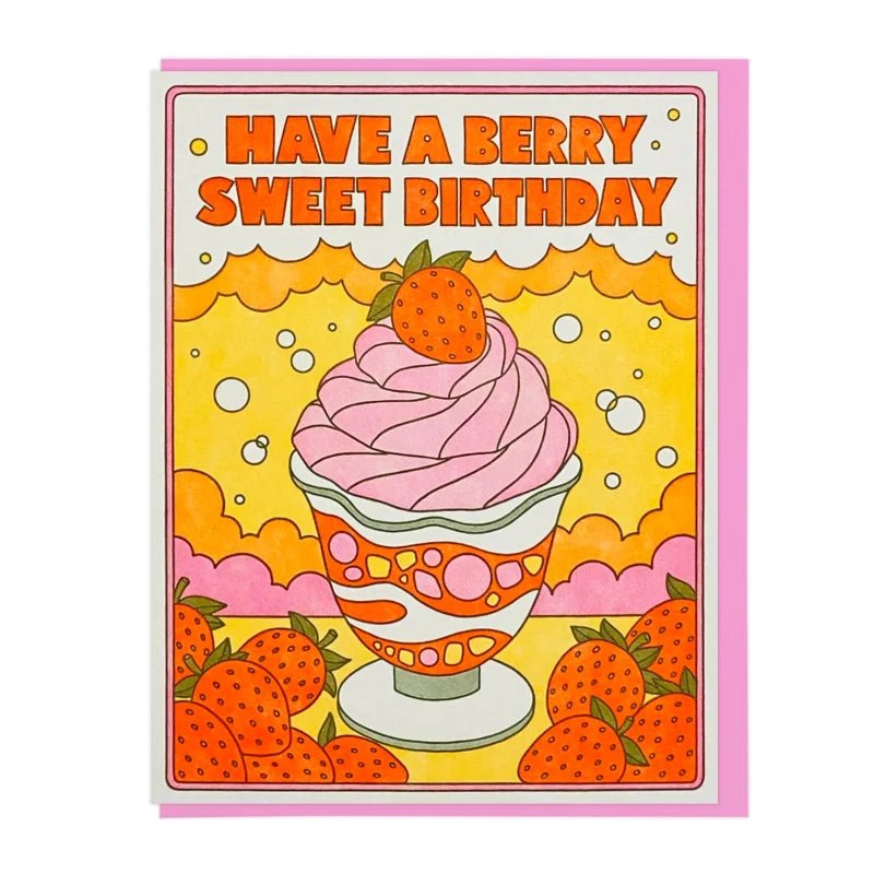 The "Berry Sweet Birthday" card by Lucky Horse Press features a cheerful strawberry dessert design with the message "Have a Berry Sweet Birthday." Printed on recycled paper, it's both eco-friendly and vibrant—perfect for any birthday celebration!.