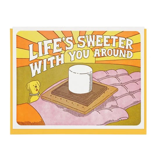 The Cards | Life's Sweeter With You Around by Lucky Horse Press features a dog, a s’more, and a pink blanket on a sunburst background. Blank inside for your message.