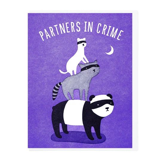 Cards | Partners In Crime by Lucky Horse Press features a masked panda, cat, and raccoon stacked under "Partners in Crime" on a purple background with crescent moon; letterpress printed on recycled cover. Made in USA.