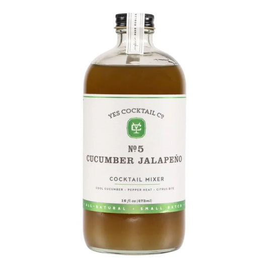 A 16 fl oz glass bottle of Yes Cocktail Co. Cucumber Jalapeño Cocktail Mixer, featuring a brownish-green mix that adds a spicy twist to margaritas.