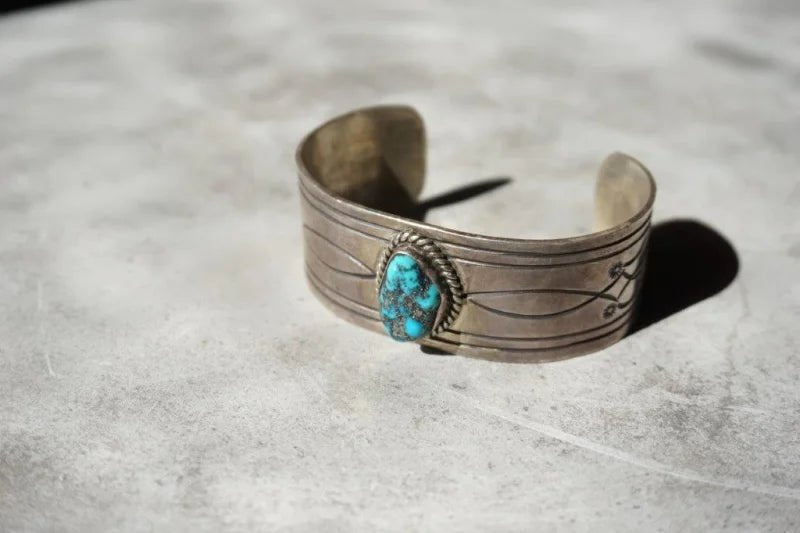 Sterling silver cuff bracelet with turquoise stone from Etched Sterling Silver Cuff Vintage collection
