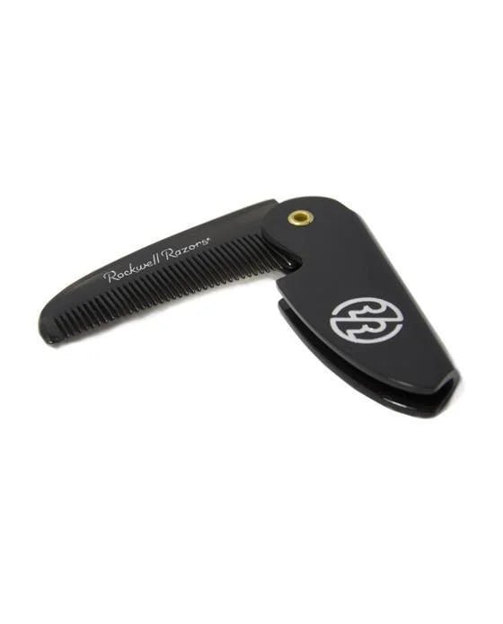 The Rockwell Razors Folding Beard & Moustache Comb is a black, portable grooming tool with the brand name on the handle and a circular logo on the cover—ideal for styling your beard or moustache anywhere.