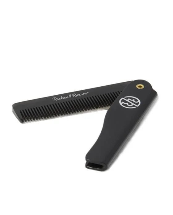 The Rockwell Razors Folding Pocket Comb is a sleek black comb with a logo on the handle and brass pivot screw—perfect for stylish grooming on the go.