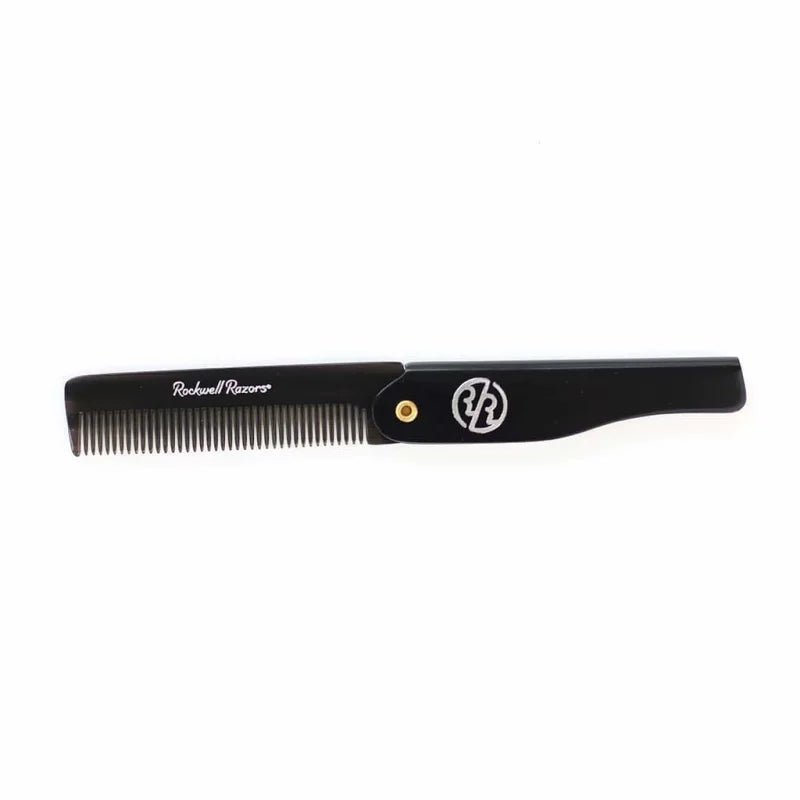 The Rockwell Razors Folding Pocket Comb is a black, portable grooming tool featuring the Rockwell Razors name and logo on the handle—ideal for convenient hair styling anywhere.