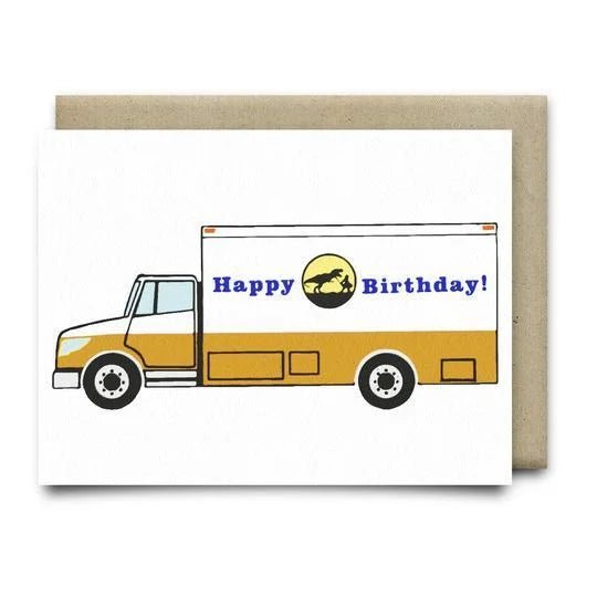 The Happy Birthday Ice Cream Truck Card by Anvil Cards features a yellow and white delivery truck with "Happy Birthday!" on its side, is printed on linen paper, A2 size, and blank inside for your personal message.