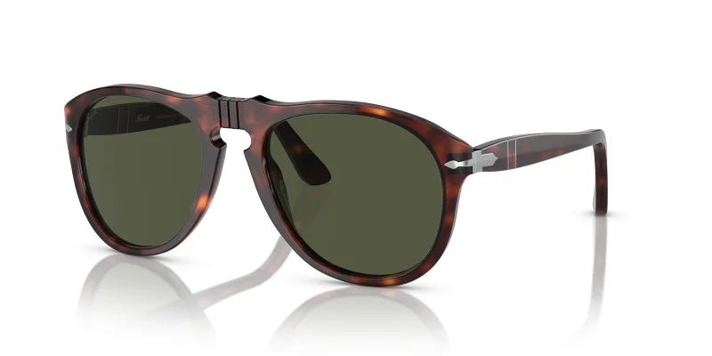 The Persol 0PO0649 Havana w/ Green sunglasses feature a brown tortoiseshell frame, green lenses, keyhole bridge, and silver hinge accents—classic Persol style with modern elegance. Shown on a white background.