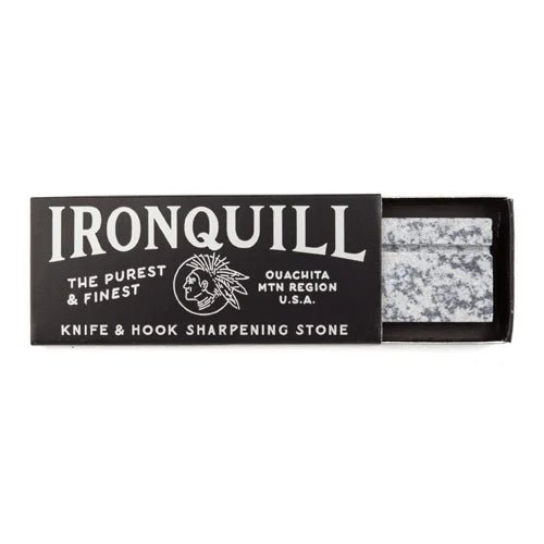 The black "Ironquill | Hook & Knife Sharpening Stone" box by Mollyjogger contains two speckled gray Soft Arkansas Novaculite stones, visible inside. Perfect for sharpening fishing hooks or honing fine edges.