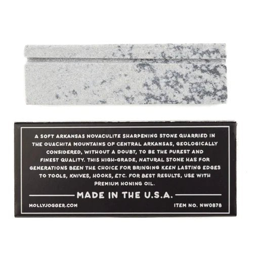 The Mollyjogger Ironquill Hook & Knife Sharpening Stone is a rectangular Soft Arkansas Novaculite stone, quarried in Arkansas, made in the USA, and packaged as a fishing hook sharpener.