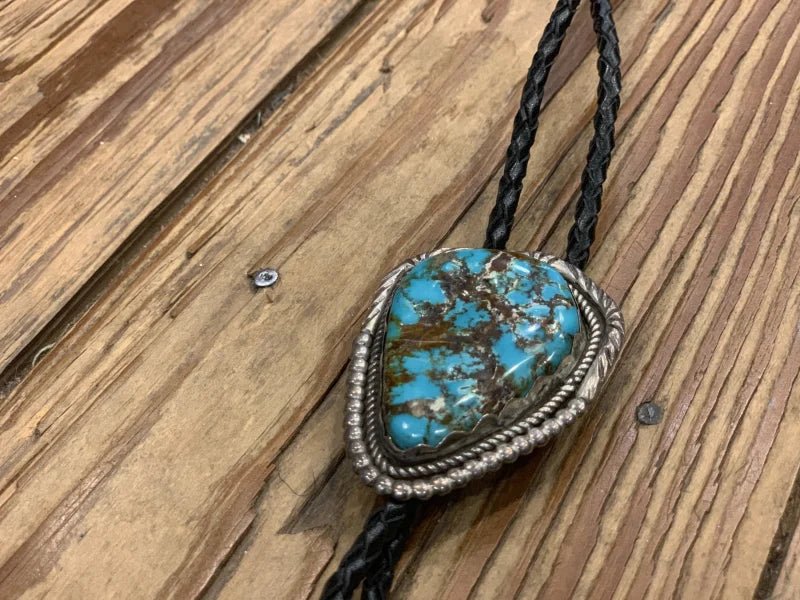 Large turquoise bolo tie with braided leather cord, vintage turquoise bolo jewelry