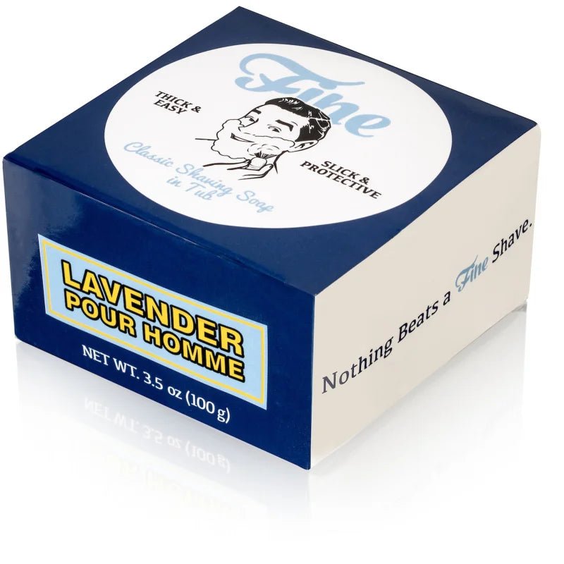 A 3.5 oz tub of Fine Accoutrements Lavender Classic Shaving Soap, labeled "Lavender Pour Homme," tallow-based, with "Nothing Beats a Fine Shave" on the side.