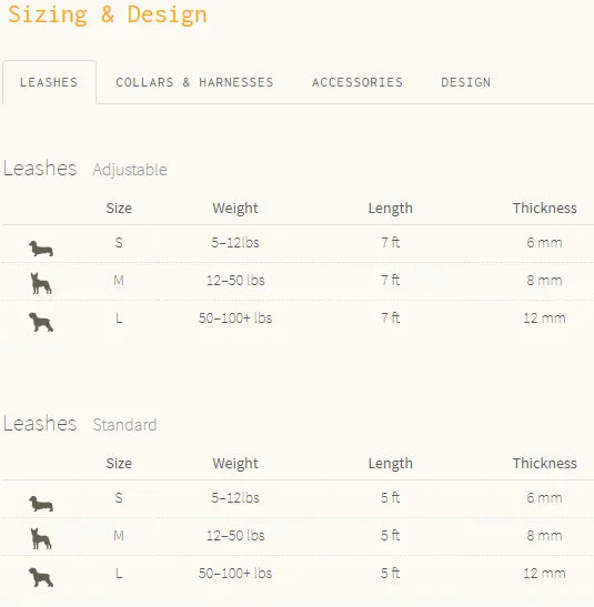 Dog Leash Size Chart For Multiple Colors | Found My Animal