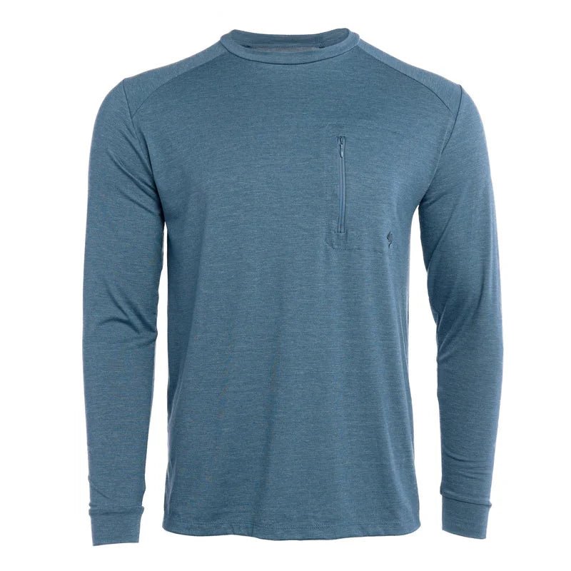 The Duck Camp Lightweight Bamboo Crew is a blue, long-sleeve, crew-neck shirt with UPF20+ protection and a zippered chest pocket, shown on a plain white background.