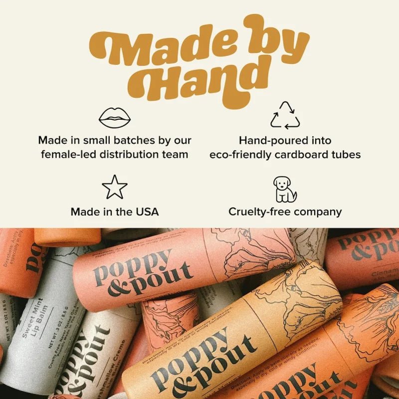 Poppy & Pout Lip Balm comes in colorful eco-friendly tubes and is handmade, cruelty-free, small-batch, female-led, USA-made, and eco-conscious.