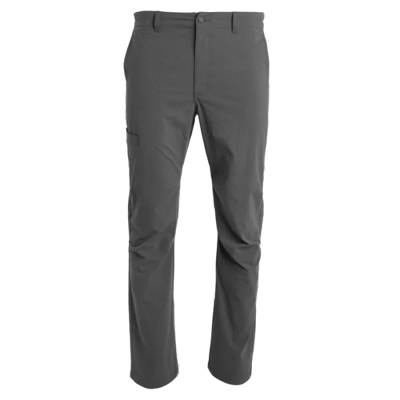 The Duck Camp Men's Drifter Pants are gray, straight-leg quick-dry pants with button and zipper closure, front pockets, a side cargo pocket, and UPF40+ sun protection—ideal for fishing adventures.