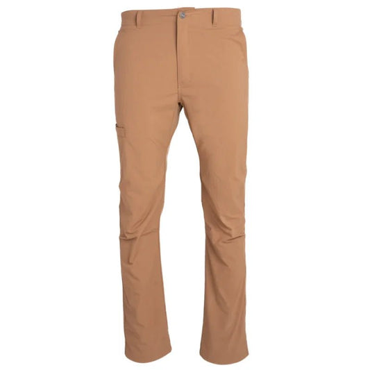 Duck Camp Men's Drifter Pants in tan, featuring a button and zipper closure, straight legs, UPF40+ sun protection, and a right thigh side pocket, displayed against a white background.