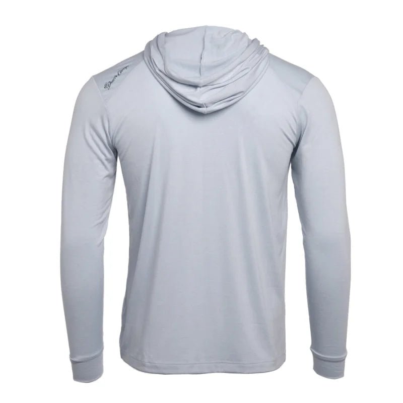 The Duck Camp Men's Lightweight Bamboo Hoodie is shown from the back in light gray, with a small logo on the right shoulder. This hoodie offers UPF20+ sun protection and features lightweight bamboo fabric for outdoor comfort.