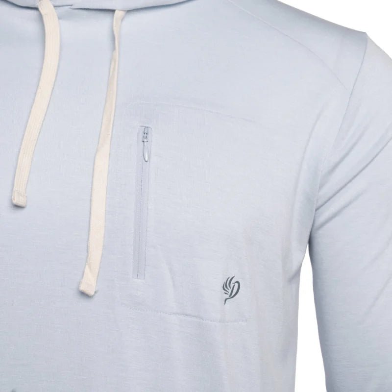 Close-up of the Duck Camp Men's Lightweight Bamboo Hoodie, featuring drawstrings, a zippered chest pocket, UPF20+ sun protection, and a small embroidered logo on the front.