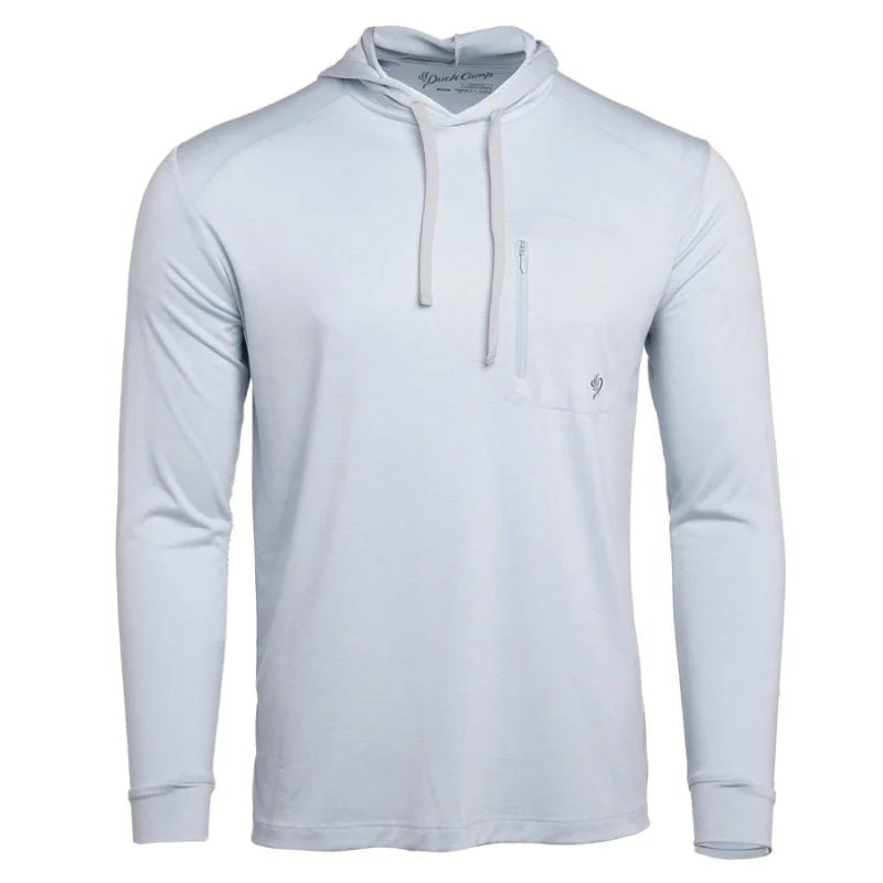 The Duck Camp Men's Lightweight Bamboo Hoodie is light blue with long sleeves, UPF20+ sun protection, a chest pocket with small logo, and drawstring hood. Displayed on a plain white background.