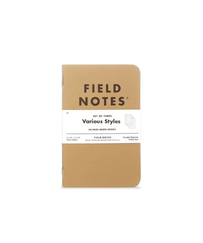 An upright Field Notes “Original Kraft” memo book from a 3-Pack set, with a white label reading “Set of Three Various Styles, 48-Page Memo Books,” is shown against a white background.
