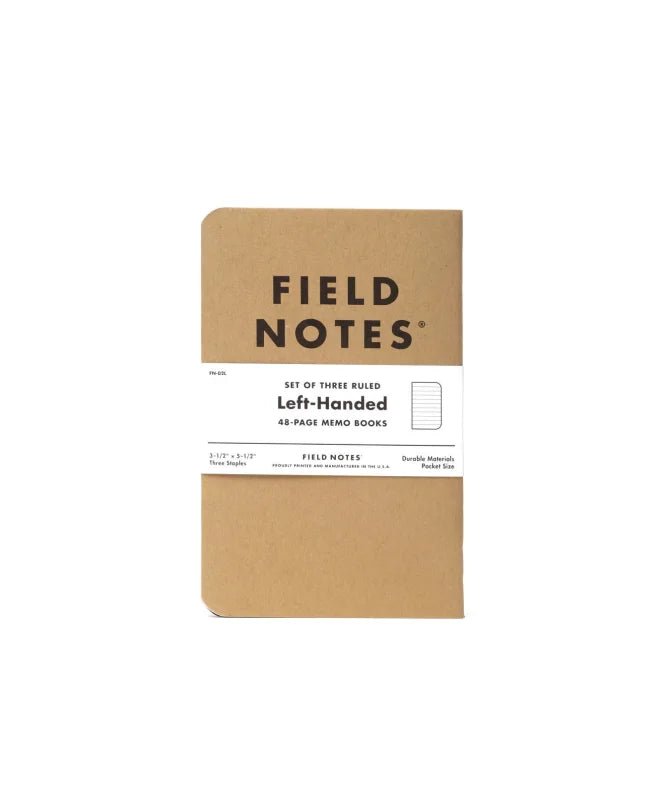 The Field Notes Original Kraft Left-Handed 3-Pack includes three 48-page memo books with reversed ruled paper, each featuring a brown kraft cover and a white label.