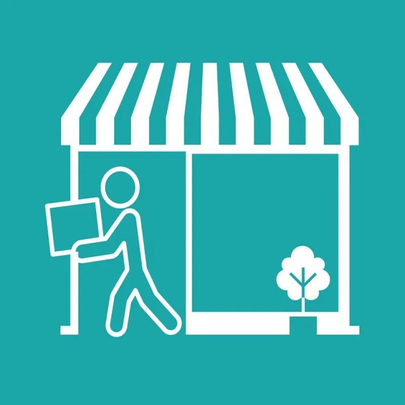 Icon of a person carrying a box into a storefront with a striped awning and tree on a teal background—ideal for illustrating Pickup Instore by Ballad of the Bird Dog.