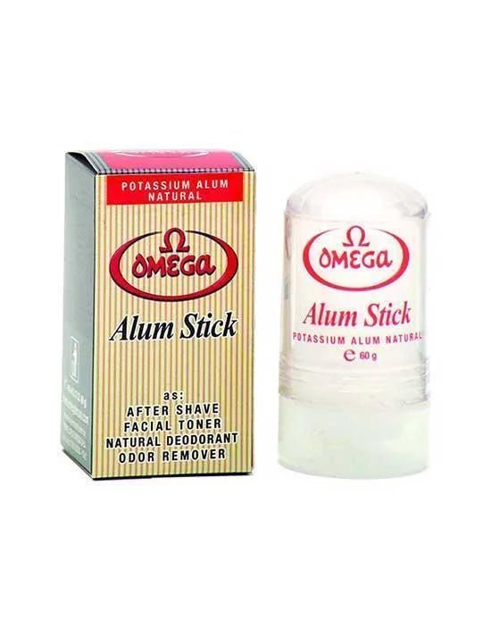 Omega Potassium Alum Stick, 60g, by Omega. Shown with packaging. Labeled for use as after shave, shaving astringent, facial toner, natural deodorant, and odor remover. Made in Italy.
