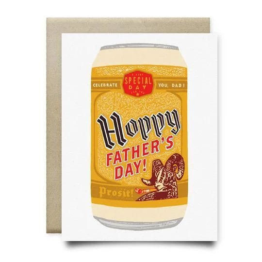 The Prosit! Shiner Father's Day Card by Anvil Cards features a beer can with "Hoppy Father’s Day!", a ram image, and “Celebrate your special day, Dad!” on linen paper. This A2 card is blank inside for your personal note.