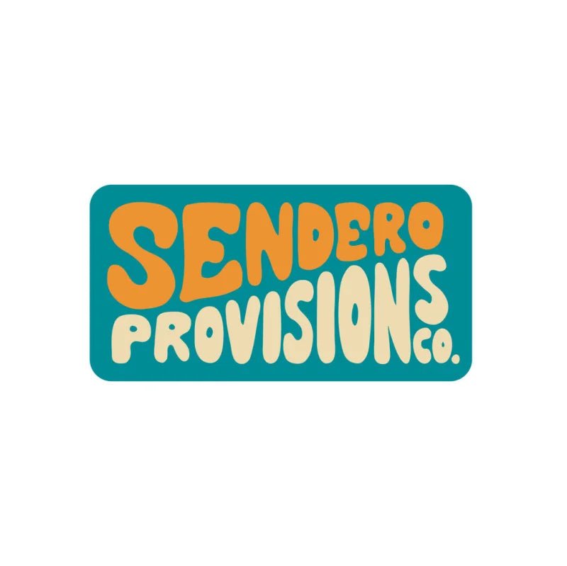 The Retro Sticker by Sendero Provisions Co. features a rectangular teal background with "Sendero Provisions Co." in large, playful orange and cream letters.