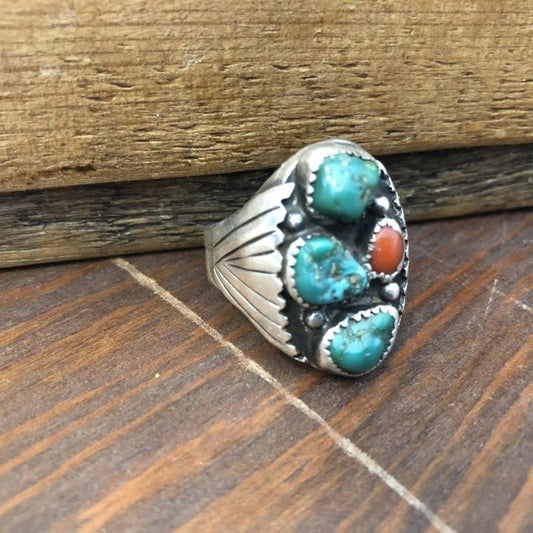 Sterling silver ring with turquoise and coral stone accent in Vintage Rough-Out 3 design