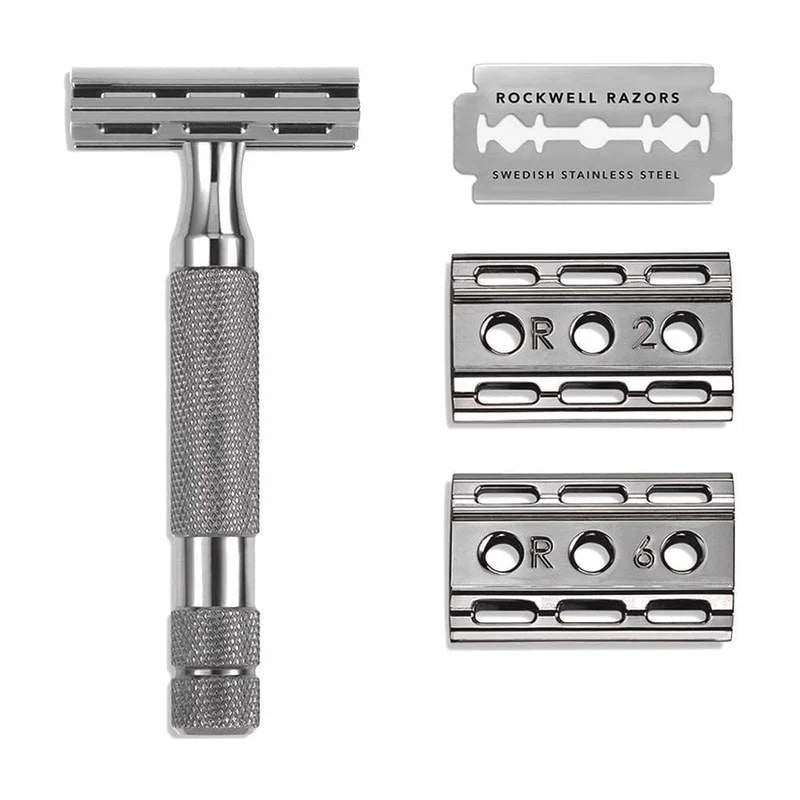 The Rockwell Razors 6C Double Edge Safety Razor is shown on a white background, featuring a stainless steel adjustable handle, textured grip, stainless steel blades, and two interchangeable blade plates (R 2/0 and R 6/0) for a close shave.
