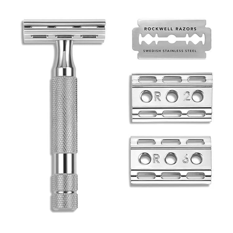 The Rockwell Razors Safety Razor | 6C Double Edge features a stainless steel adjustable design, textured handle, close shave blade, and two interchangeable base plates labeled “R 2” and “R 6”.
