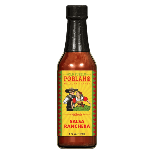 A bottle of Old Pueblo Poblano Salsa Ranchera from Tucson, AZ, with a yellow label showing a mariachi and a woman.