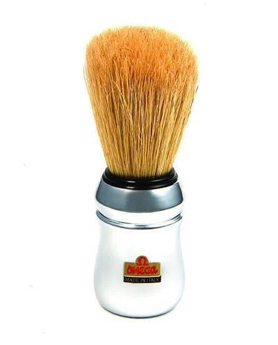 Shave Brush | Chrome | Omega | Boar Bristle Shaving Brush In Glass Container On White Surface