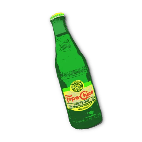 Illustration of a green glass Topo Chico mineral water bottle with a yellow label and red text on black—ideal for bold Topo Chico Sticker | Anvil Cards from Anvil Cards.