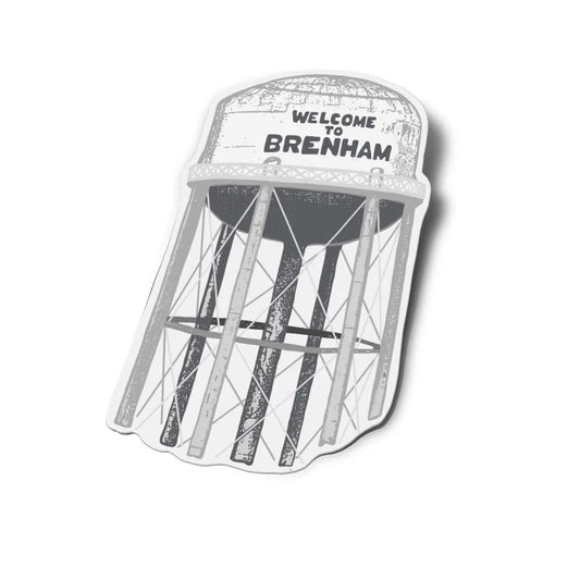 Black and white illustration of the "Welcome to Brenham" water tower with beams and cables—ideal for Anvil Cards stickers or anyone wanting custom design stickers with a classic touch. Product: Welcome to Brenham | Water Tower Custom Design | Anvil Cards by Anvil Cards.