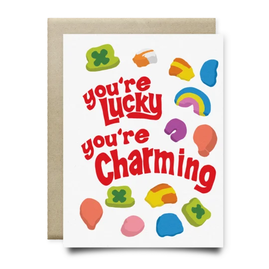 Greeting card featuring Lucky Charms cereal on linen paper for a charming personal message