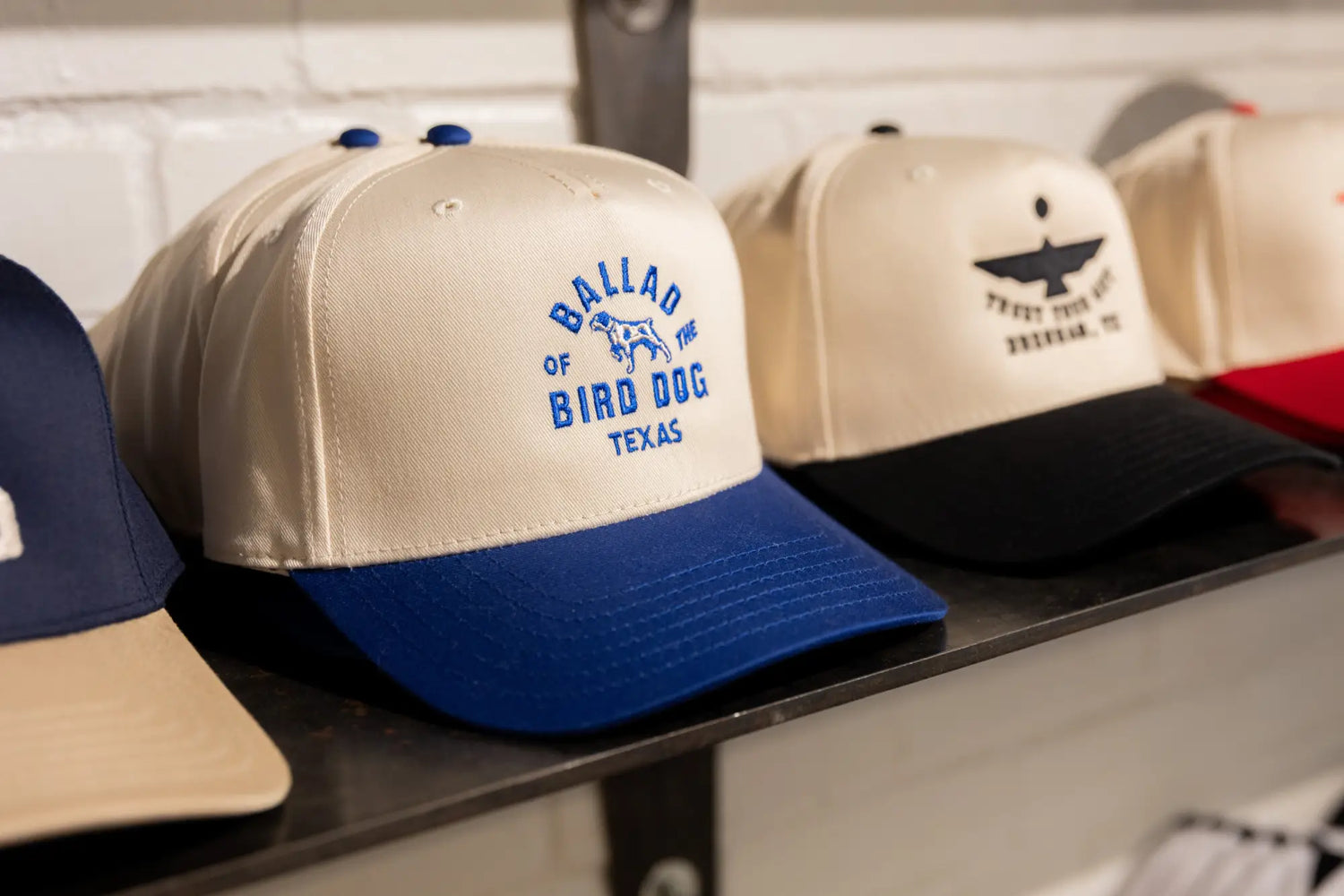 A cream and blue baseball cap with "Ballad of Bird Dog Texas" text and a dog graphic, displayed on a shelf beside other hats.