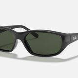 A pair of Ray-Ban 2016 Daddy-O rectangle sunglasses with black frames and dark green lenses on a white background.