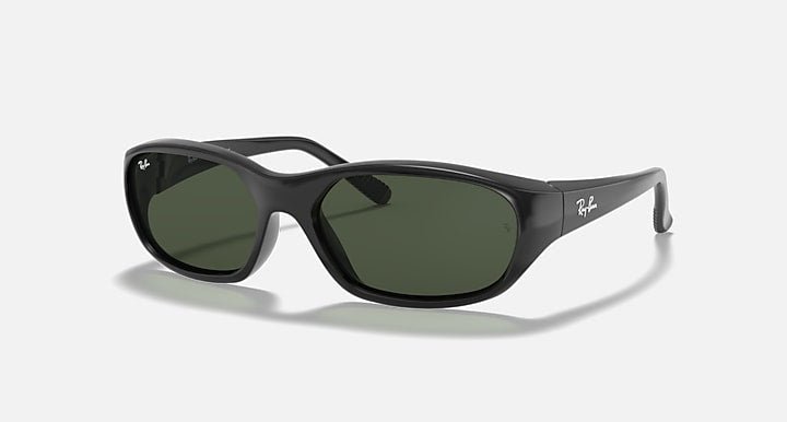 A pair of Ray-Ban 2016 Daddy-O rectangle sunglasses with black frames and dark green lenses on a white background.