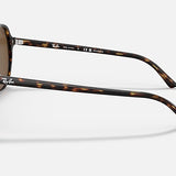 A pair of Ray-Ban Bill RB2198 sunglasses in Havana, featuring tortoiseshell frames viewed from the side, with a focus on the temples, polarized lenses, and the signature Ray-Ban logo.