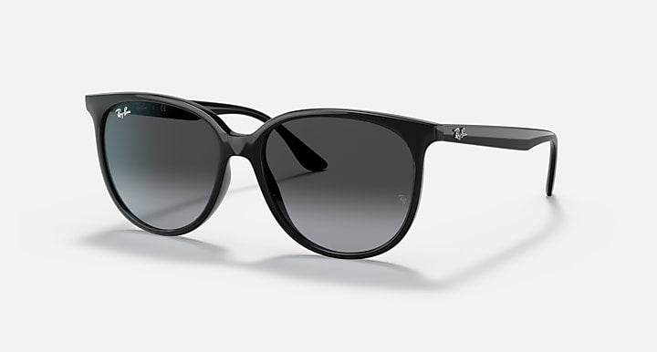 Ray-Ban ORB4378 sunglasses in black feature round frames and dark gradient polarized lenses, offering classic style and visual clarity. Displayed on a white background.