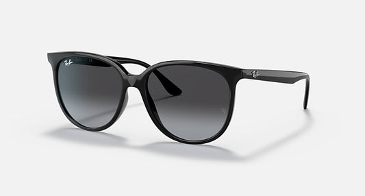 The Ray-Ban ORB4378 features round black frames and dark gradient lenses on a white backdrop. These polarized sunglasses combine style and protection for any occasion.