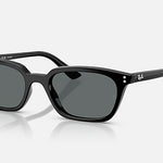 The Ray-Ban Zaya RB4456F sunglasses feature a sleek black injected rectangular frame with polarized dark grey lenses, displayed on a white background. The Ray-Ban logo is visible on the right lens and temple.