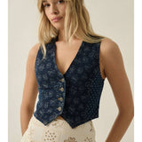 Dark Denim Floral-Print V-Neck Cropped Vest | Promesa