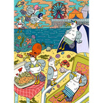 In "Gull Trouble" by Birdie Puzzles, cartoon seagulls in swimsuits relax on the beach, eat fries, and mingle with sea creatures as a pier and ferris wheel complete this quirky jigsaw puzzle scene.