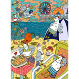In "Gull Trouble" by Birdie Puzzles, cartoon seagulls in swimsuits relax on the beach, eat fries, and mingle with sea creatures as a pier and ferris wheel complete this quirky jigsaw puzzle scene.