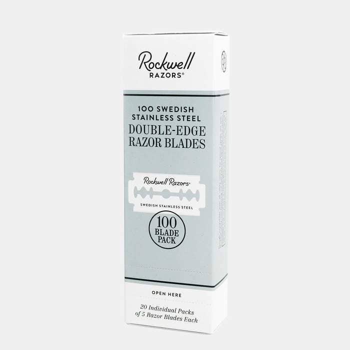 The 100 Rockwell Blade Pack by Rockwell Razors includes 20 packs of 5 double-edge blades each, crafted from Swedish stainless steel.